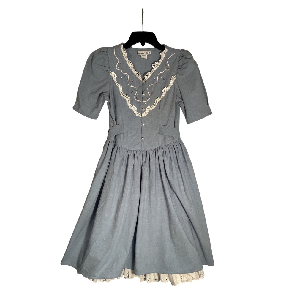 VTG 80s My Michelle Prairie Cottage Core  Lace Pearl Buttons Blue Feminine Dress